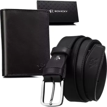 Peněženka Dvoudílná pánská dárková sada: Rovicky kožený opasek a peněženka R-N004-120-PU03 BLACK