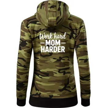 Dámská mikina Work hard mom harder - Dámská mikina trendy zipper s kapucí - L ( Zelený maskáč )