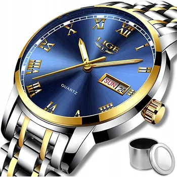 Hodinky LIGE LIGE na náramku s datem Modro-zlatá