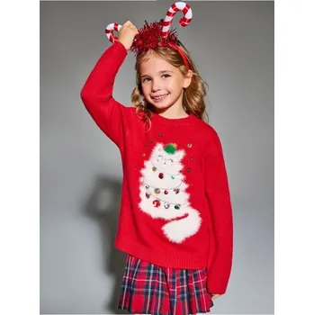 Dívčí svetr Sinsay - Vánoční svetr s kočkou ozdobenou flitry - červená - WK183-33X - WK183-33X-116
