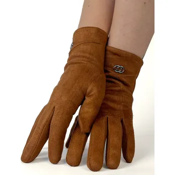 Rukavice Dámské sametové rukavice s kovovým detailem – skořicové, VELIKOST UNI