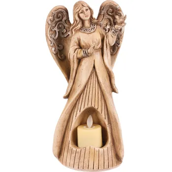 Anděl pietní - polyresin, LED svíčka, béžovo-hnědý - POA211