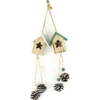 Vánoční dekorace Autronic Vánoční dřevěná dekorace 20x6x4 cm Budka se šiškami, různé druhy, 1 ks