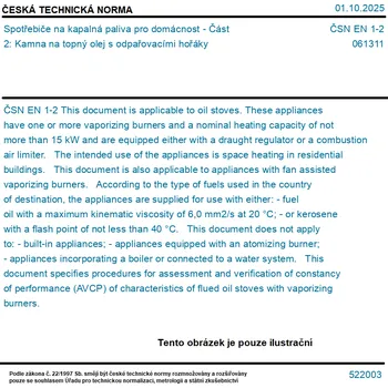 ČSN EN 1-2 - Spotřebiče na kapalná paliva pro domácnost - Část 2: Kamna na topný olej s odpařovacími hořáky - Tisk