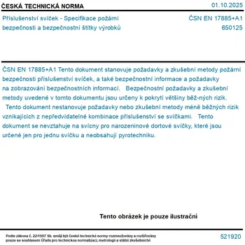 ČSN EN 17885+A1 - Příslušenství svíček - Specifikace požární bezpečnosti a bezpečnostní štítky výrobků - Tisk