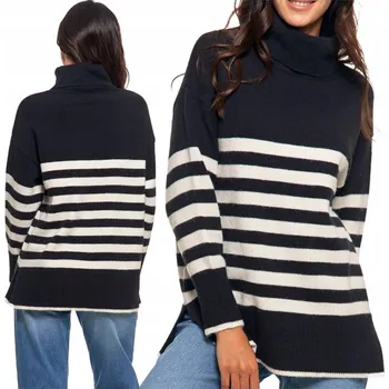 Dámský svetr Moraj dámský svetr černý volný k bokům rolák s proužky velikost M