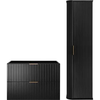 Koupelnový nábytek Koupelnový Set Závěsná Skříňka 80 cm Černá Skříňka Vysoká RYHOVANÁ čela