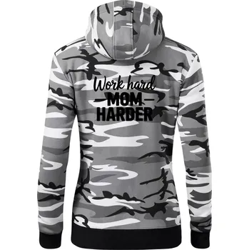 Dámská mikina Work hard mom harder - Dámská mikina trendy zipper s kapucí - S ( Šedý maskáč )