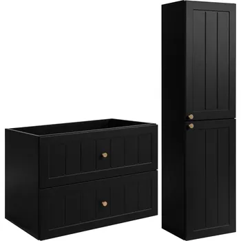 Koupelnový nábytek Sada Koupelnového Nábytku Skříňka 80 cm a Skříňka Vysoká 136 cm Černá Závěsná Kovová Úchytka