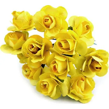 umělá květina Umělá papírová mini růže na drátku - žlutá (12 svaz.)