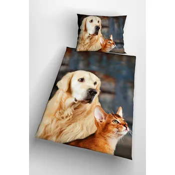 Povlečení Glamonde 3d povlečení s labradorem a kočkou - Labrador 140 x 200, 70 x 90 cm zipový uzávěr