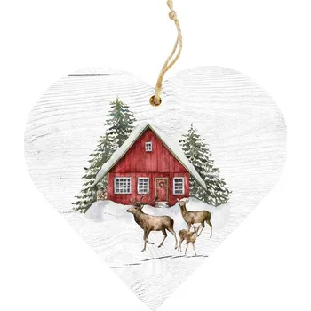 Dekorační dřevěné srdce 12 cm – Domeček a srnky