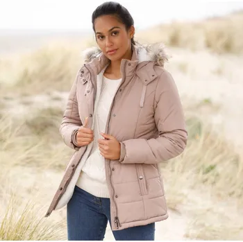 Dámský kabát Nepromokavá bunda s kapucí a imitací kožešiny růžovošedá 42