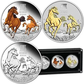 Lunární série III. - sada 3 x 1 Oz stříbrných mincí Year of the Horse (Rok koně) 2026 (PROOF, Color PROOF, Gilded)
