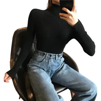 Dámský svetr Dámský svetr s rolákem z bavlny a akrylu Jednobarevný elegantní pletený svetr s dlouhým rukávem Univerzální velikost pro podzim a zimu černá