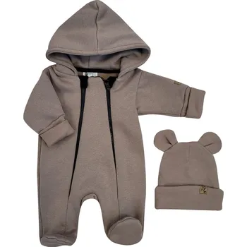 Kojenecká kombinéza Oteplený dětský overal se šlapkama a kapucí + čepička, 2D, hnědá, vel. 62
