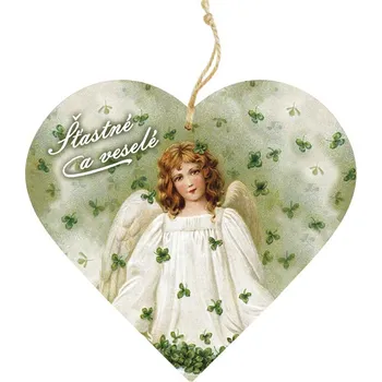 Dekorační dřevěné srdce 12 cm – Anděl se čtyřlístky