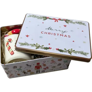 Vánoční dekorace Vánoční plechový box s hrnkem, ponožkou, čajem a svíčkou