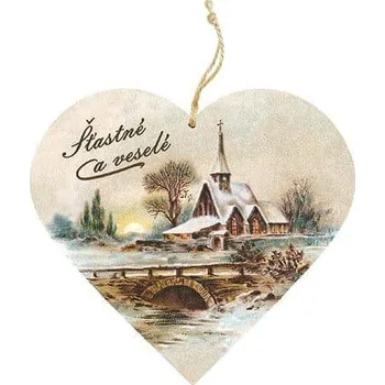 Vánoční dekorační dřevěné srdce 13 cm – Vánoce kostel