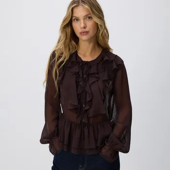 Dámské tričko Reserved - Volánová halenka - tmavě hnědá - 259GC-89X - 259GC-89X-S