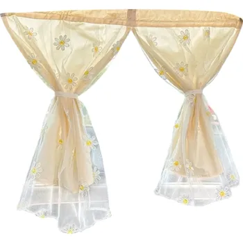 Stínítko do auta Bavlněná vyšívaná záclona do auta na boční okno s přísavkami 2 vrstvy béžová půlená dekorace s kopretinami ochrana proti slunci