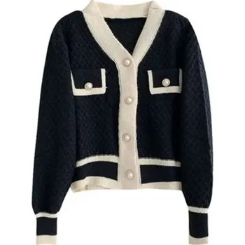 Dámský pruhovaný kardigan s dlouhým rukávem z acetátu Elegantní svetr s knoflíky a kapsami na prsou Univerzální velikost Módní dámský styl černá