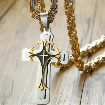 Náhrdelník IZMAEL Řetízek s Křížem SB 38751 Stříbrná/Zlatá/Černá/70cm KP38751