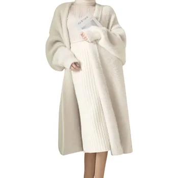 Dámský dlouhý plyšový kardigan bez zapínání Elegantní bílý zimní kabátek s dlouhým rukávem Pohodlný teplý kožich z polyesteru Univerzální velikost