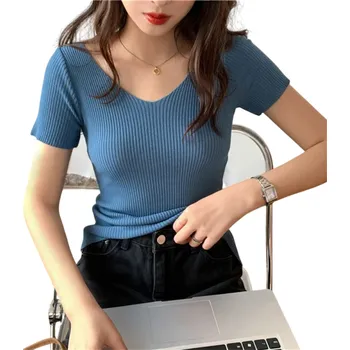 Dámské svetrové triko z akrylu s krátkým rukávem a výstřihem do V Jednobarevné elegantní pletené tričko Univerzální velikost pro léto i podzim modrá