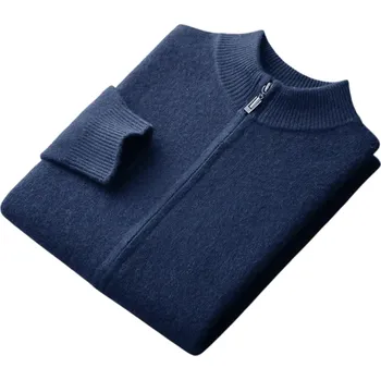 Pánský svetr Pánský kardigan na zip z vlny s dlouhým rukávem Jednobarevný pletený svetr s výstřihem do O Elegantní zimní móda Stylový svetr Různé barvy modrá M