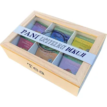 Dárkový potravinový koš Dárková sada čajů v dřevěném boxu pro paní učitelku