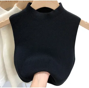Dámská vesta Dámský svetrový top bez rukávů z polyesteru a bavlny Jednobarevný elegantní pletený top s kulatým výstřihem Univerzální velikost černá
