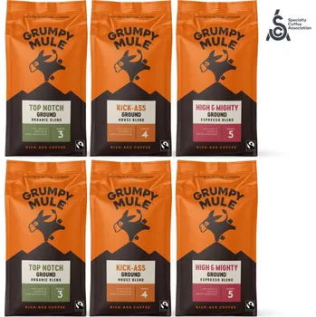 Káva Grumpy Mule výhodný balíček Arabica mleté kávy SCA 82+ 6 x 200g Grumpy Mule výhodný balíček Arabica mleté kávy SCA 82+ 6 x 200g