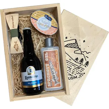 Dárkový potravinový koš Dárková dřevěná bedna pro rybáře - Ryby volají a já musím jít