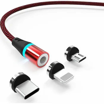 Datový kabel W-Star KBMG2BRD1 -Magnetický USB kabel 3v1 USBC, Lightning, micro USB 3A, 1m černá červená