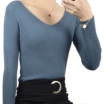 Dámský svetr Dámský pletený svetr z bavlny a akrylu s výstřihem do V Jednobarevný elegantní svetr s dlouhým rukávem Univerzální velikost pro každodenní nošení modrá