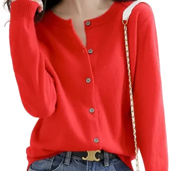 Dámský pletený kardigan z polyesteru s výstřihem do O Jednobarevný elegantní svetr s knoflíky a dlouhým rukávem Univerzální velikost červená