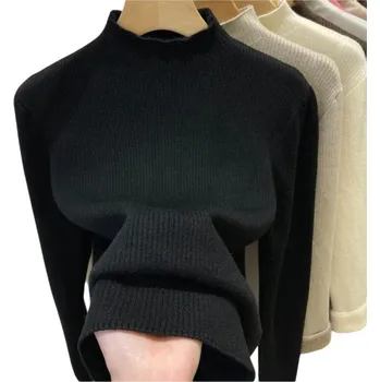 Dámský svetr Dámský svetr s rolákem a plyšovým vnitřkem Jednobarevný hřejivý svetr z bavlny a akrylu s dlouhým rukávem Univerzální velikost Zimní móda černá