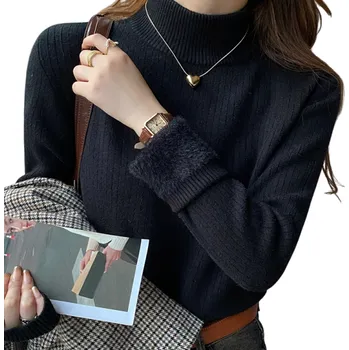 Dámský svetr Dámský hřejivý svetr s rolákem a plyšovou podšívkou Bavlna a akryl Jednobarevný zimní svetr s dlouhým rukávem Univerzální velikost černá
