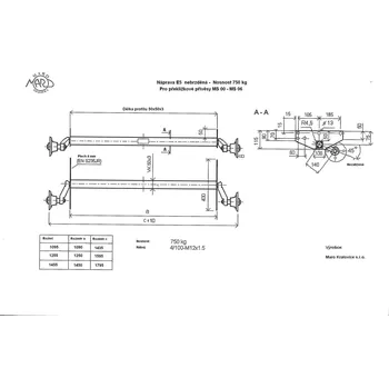 Přívěs MARO Kralovice Náprava MARO E5 (750 kg) b=1090 mm, c=1435 mm, 100x4, Rovné patky, Určeno pro modely PRK a TITAN