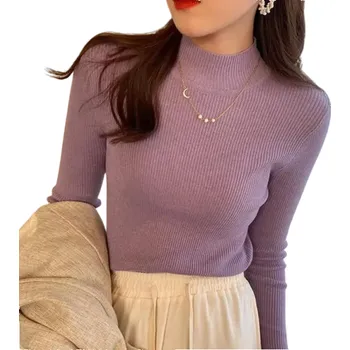 Dámský svetr Dámský rolákový svetr z polyesteru a bavlny Jednobarevný pletený svetr s dlouhým rukávem Elegantní top s univerzální velikostí pro zimu levandulová