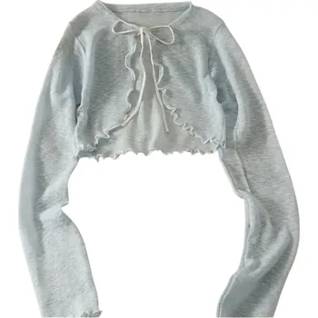 Dámský letní kardigan s dlouhým rukávem a zavazováním na tkaničky Jednobarevný lehký svetr z polyesteru Elegantní vzdušný top pro teplé dny modrá