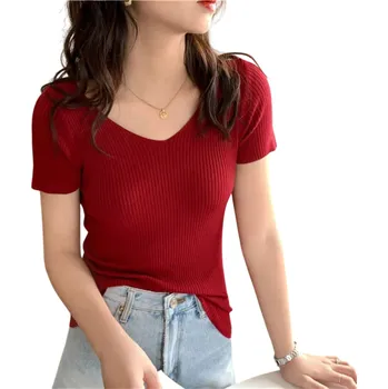 Dámské svetrové triko z akrylu s krátkým rukávem a výstřihem do V Jednobarevné elegantní pletené tričko Univerzální velikost pro léto i podzim červená