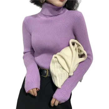 Dámský svetr Dámský svetr s rolákem z bavlny a akrylu Jednobarevný elegantní pletený svetr s dlouhým rukávem Univerzální velikost pro podzim a zimu fialová