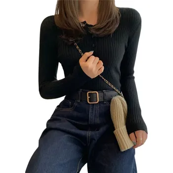 Dámský kardigan z bavlny a polyesteru s polovičním zapínáním na knoflíky Jednobarevný svetr s výstřihem do O Dlouhý rukáv Univerzální velikost černá