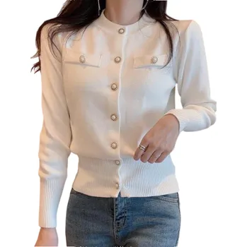 Dámský kardigan z bavlny a vlny s kapsami na prsou Jednobarevný pletený svetr s knoflíky a dlouhým rukávem Univerzální velikost bílá