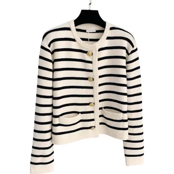 Dámský pruhovaný kardigan z polyesteru s výstřihem do O Elegantní pletený svetr s knoflíky a dlouhým rukávem Univerzální velikost bílá