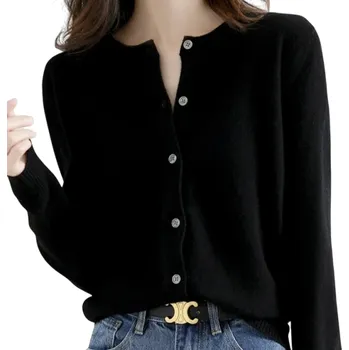 Dámský pletený kardigan z polyesteru s výstřihem do O Jednobarevný elegantní svetr s knoflíky a dlouhým rukávem Univerzální velikost černá