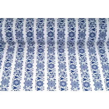 Plátno bavlněné, krojovka - středně modrá, slavíček na bílé, metráž, látky