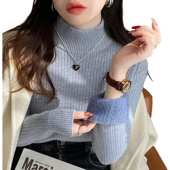 Dámský svetr Dámský hřejivý svetr s rolákem a plyšovou podšívkou Bavlna a akryl Jednobarevný zimní svetr s dlouhým rukávem Univerzální velikost modrá